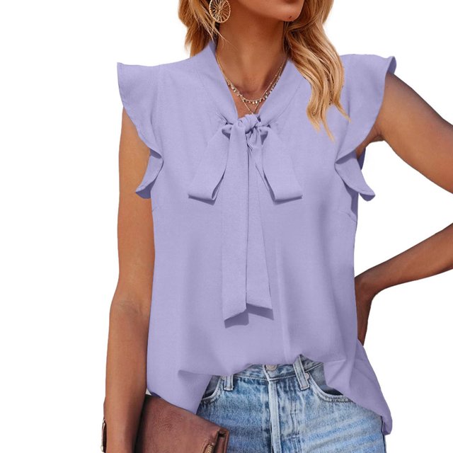 EGNMCR Camisoles pour Femmes Chemisiers à Col Noué pour Femmes Été Décontracté à Volants Sans Manches