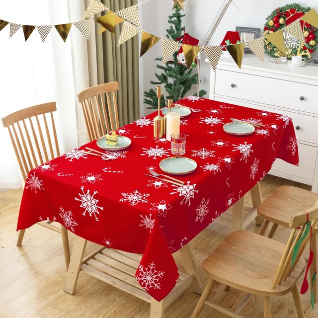 Christmas Decorations Table Cloth Rectangle 60 X 120 Inch Red White Tablecloth - Snowflake Printed Waterproof Tablecloth Decorative for Holiday Party Dinner