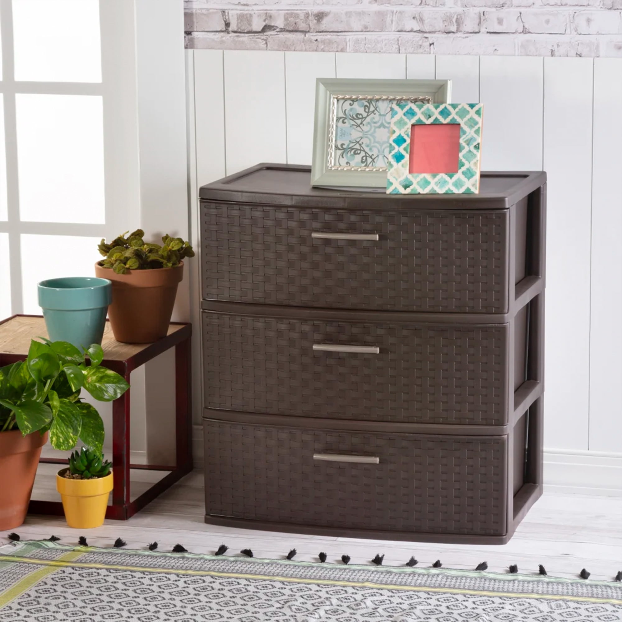 Sterilite 3 Drawer Wide Storage Tower, Plastic Weave Home Organizer, Espresso