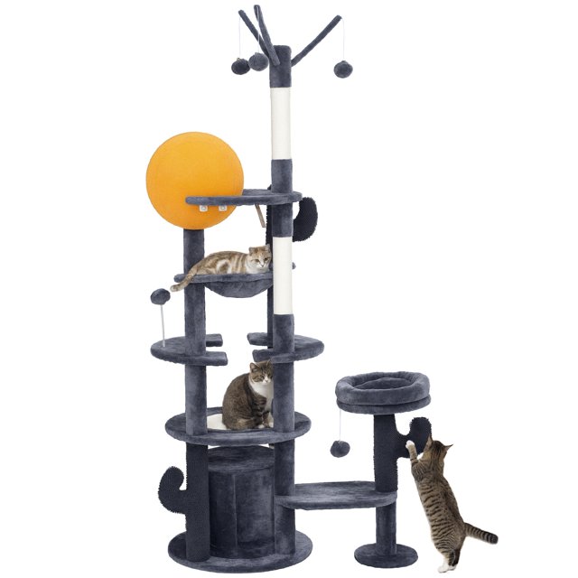 PawHut Arbre à Chat 71 Pouces avec Poteaux à Gratter, Condo, Lit, Gris Foncé
