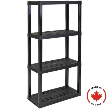 Étagère en plastique ultra-résistante fabriquée au Canada, 4 niveaux, 57 po H x 14 po P x 30 po L, noire, capacité totale de 400 lb