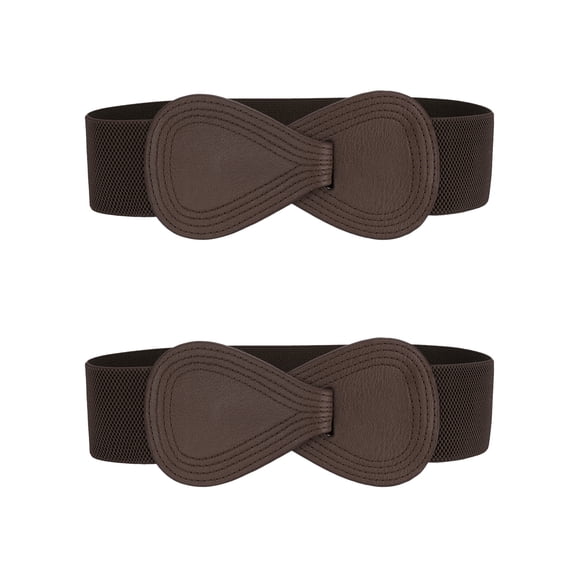 INSPIRE CHIC 2Pcs Interlock 8-shaped Buckle Elastic Faux Leather Stretch Waist Belt for Lady 33.5x2.36"(LxW) Brown