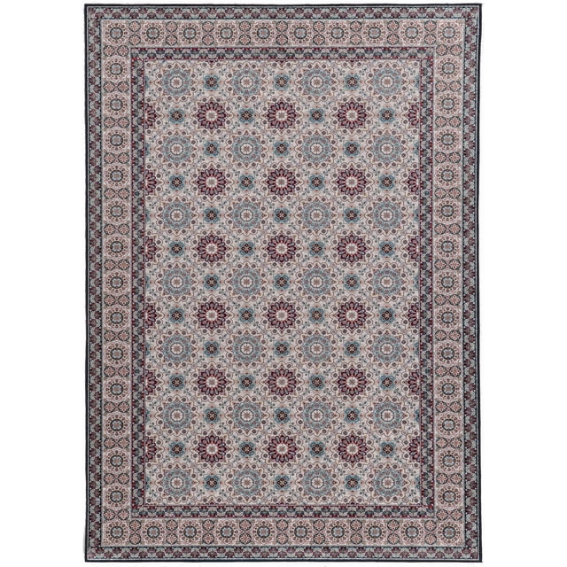 Emerald Sanlin Red & Ivory 6'7" x 9'7" area rug with low pile and detailed traditional floral medallion pattern in red, ivory, and blue. It features a classic bordered design with serged edges, slight sheen, and rubber-backed grips for stability. Made from easy-care polyester, ideal for larger rooms and high-traffic areas, and often used as an accent rug to define open spaces.