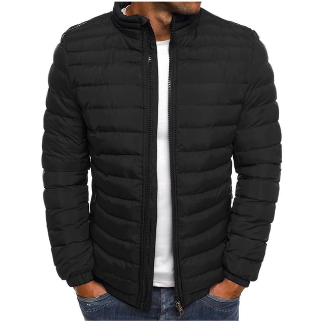 Mens Solid Color Jacket Cotton Padded Jacket made of black polyester with horizontal quilted stitching, zippered front closure, elastic cuffs, and a high collar. Designed for warmth and casual wear, this men's outerwear features side pockets for convenience.