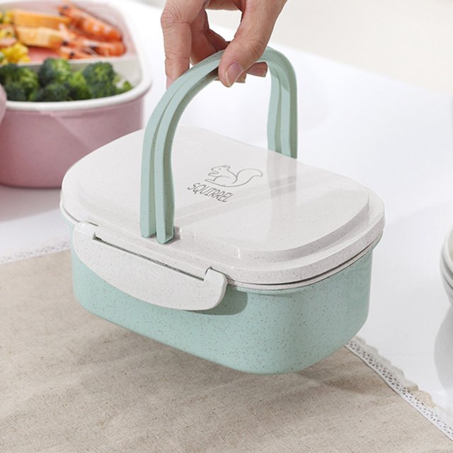 Oleegame 1PC Stainless Steel Cutlery Set Portable Wheat Straw Double Layer Thermal Box Lunch Containers For Adults Lunch Boxes For Kids Green