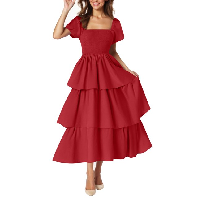 yoeyez Robes d'Été pour Femmes à Manches Courtes Volantées, Encolure Carrée, Robe Midi Smockée, à Étages, Plage, Vacances, Fluide, Coupe Trapèze, Rouge, m