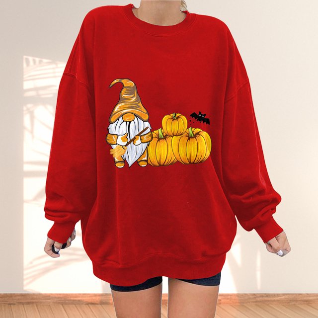Chandails à Capuchon de Mode pour Femmes 2023 Mode Automne Hiver Halloween Nain Citrouille Imprimé Décontracté Sports Col Rond Survêtements Manches Longues 50 % de Rabais Liquidation Costumes Halloween/noël