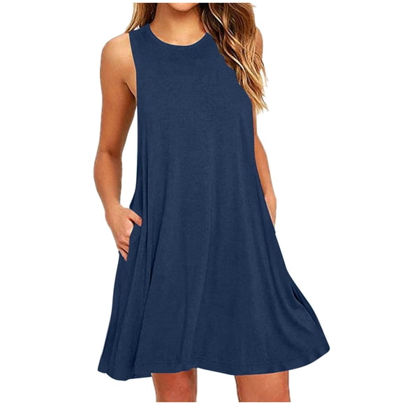 Summer Savings Clearance Dresses! Cagogo Ladies Summer Midi Sundresses with Pockets Round Neck Short 2025 Beach Party Dresses Solid Color Flowy Swing Sleeveless Loose Cover Ups Dresses
