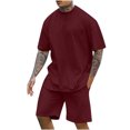 thumbnail image 1 of TIMIFIS Ensemble Court 2 Pcs pour Homme Rouge Tenues Chemises d'Été et Shorts Décontracté Col Rond Uni Blouse à Manches Courtes et Shorts Pantalon Ensemble Deux Pièces Automne, 1 of 8