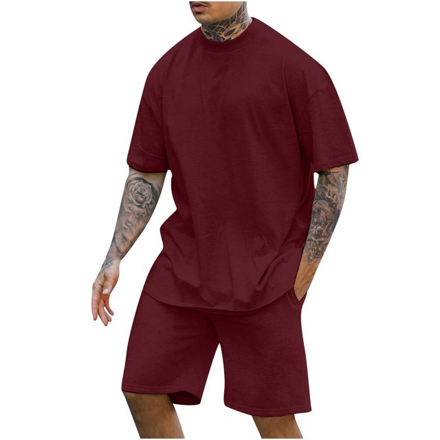 TIMIFIS Ensemble Court 2 Pcs pour Homme Rouge Tenues Chemises d'Été et Shorts Décontracté Col Rond Uni Blouse à Manches Courtes et Shorts Pantalon Ensemble Deux Pièces Automne