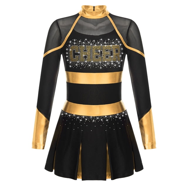 Lejafay Robe de Danse de Cheerleading Ballet pour Filles Uniforme Scolaire Robe Plissée à Manches Longues Tenues d'Halloween Noir&Or 12