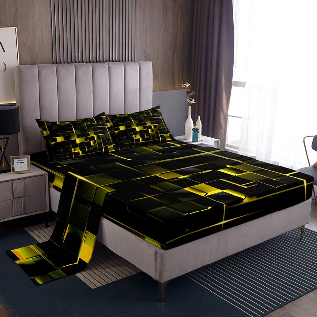 YST Geometric Neon Square Bed Sheets, Stereoscopic Geometry Sheet Set Queen Size Yellow Black Neon Lights Sheets Modern Abstract Grid Bedding Set For Kids Teens Adult Women Bedroom
