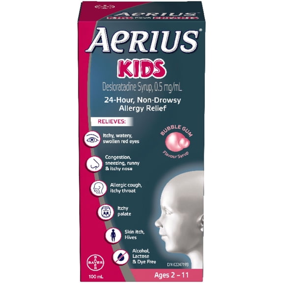 AERIUS Kids, Allergy Medicine, 24-Hour Non-Drowsy Relief Syrup, 15 Symptoms, Bubblegum Flavour, 100 mL