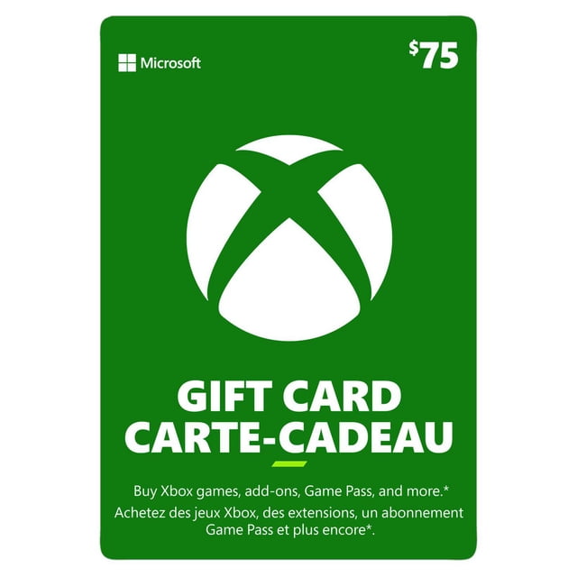 Xbox Live Gift Card $75 CAD Digital Download showing a green card with a large white Xbox logo centered, Microsoft branding in the top left, and bilingual text promoting purchases of Xbox games, add-ons, Game Pass, and other digital content.