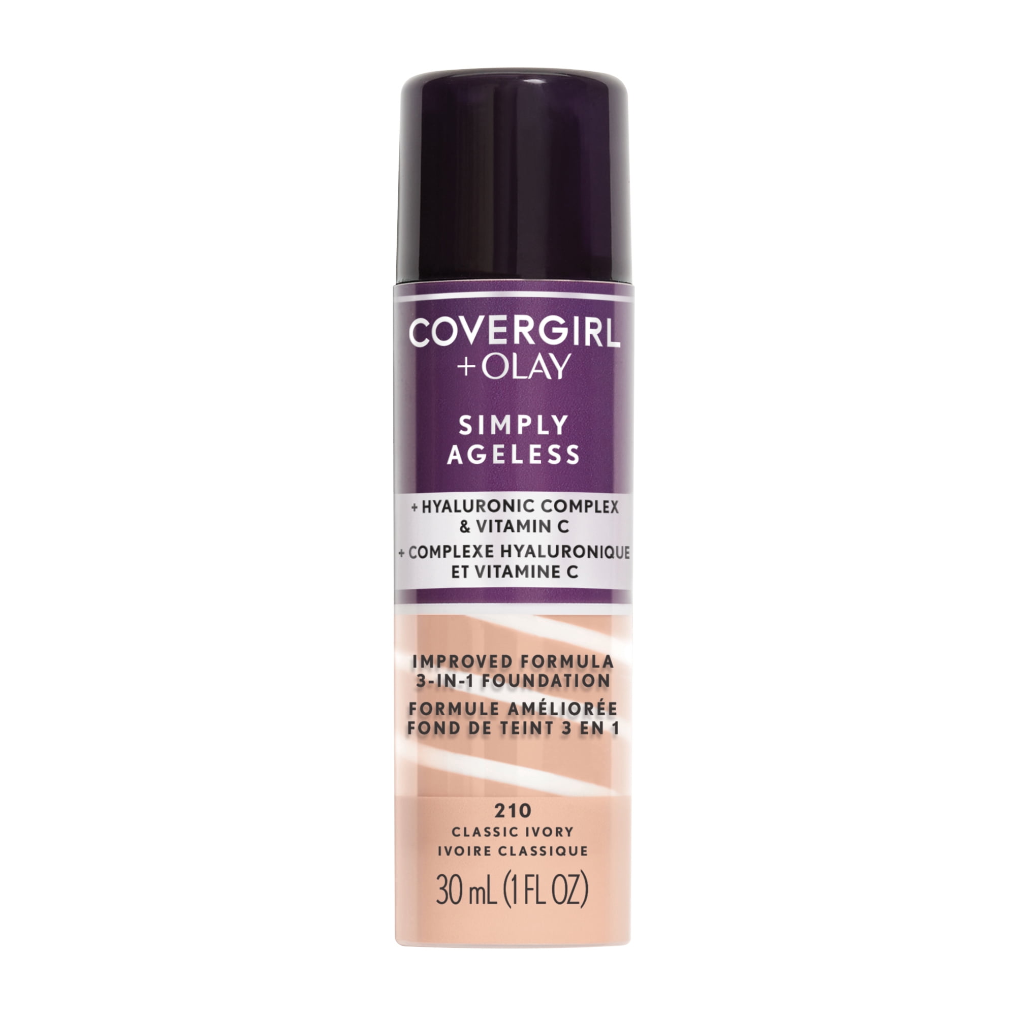 COVERGIRL Fond de teint liquide 3 en 1 Simply Ageless infusé de complexe hyluronique, de vitamine C et de niacinamide - formule hydratante, 100% Sans Cruauté