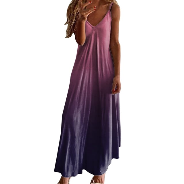 Tumotour Robes d'Été pour Femmes, Camisole Trapèze Longue et Fluide, Robe Maxi à Col en V Sans Manches à Bretelles Spaghetti, Robe Soleil Évasée à Volants Bohème Imprimée pour Plage, Sorties, Fête, Rendez-Vous, Vacances