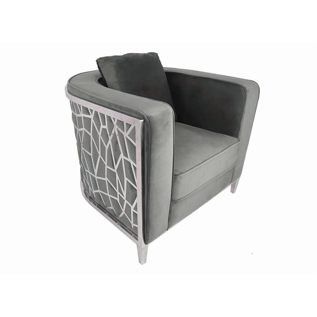Canadian Elizabeth Armchair Grey featuring grey velvet upholstery with geometric metal side panels, cushioned seat and backrest with matching pillow, and angled legs, shown in a 3/4 view on a white background, suitable for living room accent seating and occasional use.