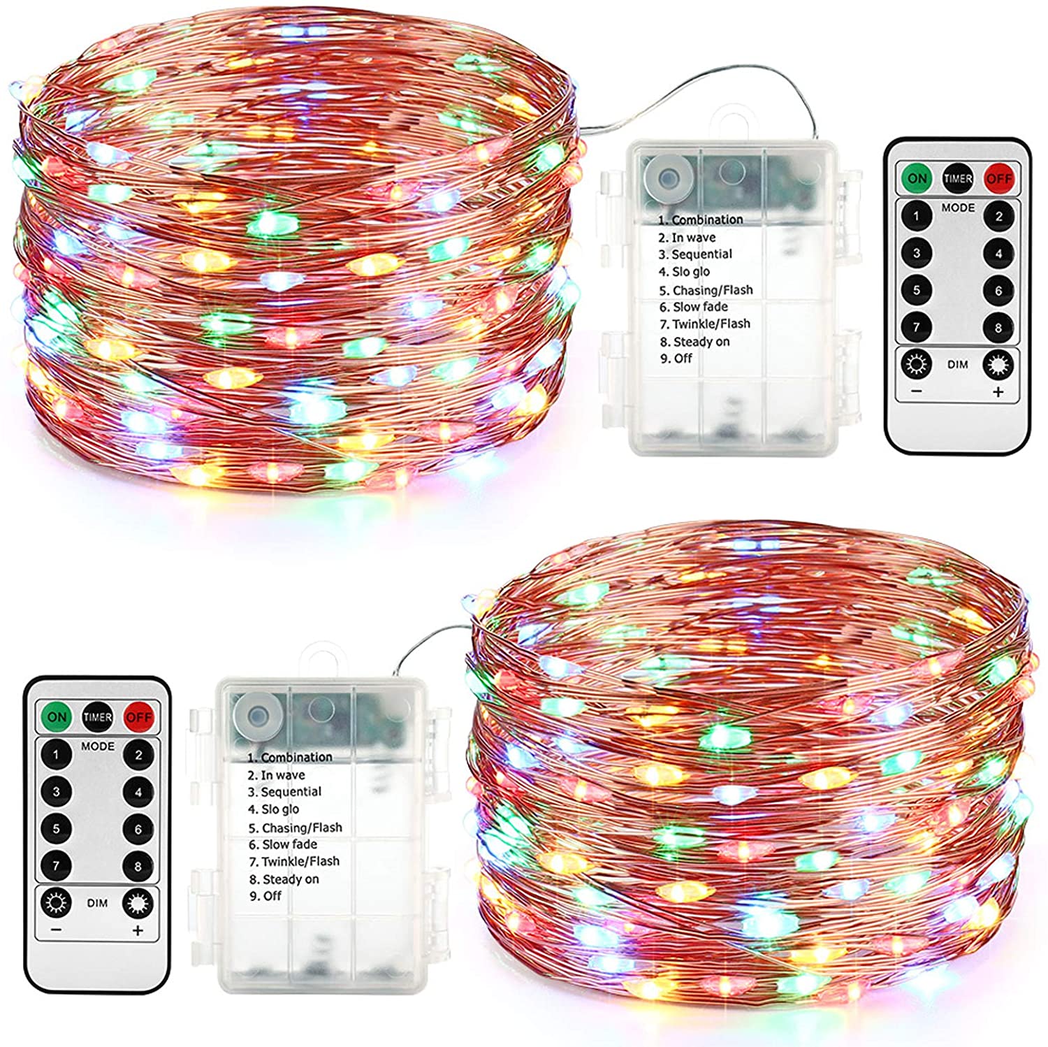 LAICAIW Lyhope 2 Pack Fairy Lights, Battery Operated Waterproof 8 Modes with Remote Control 33ft 100 Led Copper Christmas String Lights for Outdoor,Indoor,Wedding,Party,Xmas Tree Decoration (Multi-C