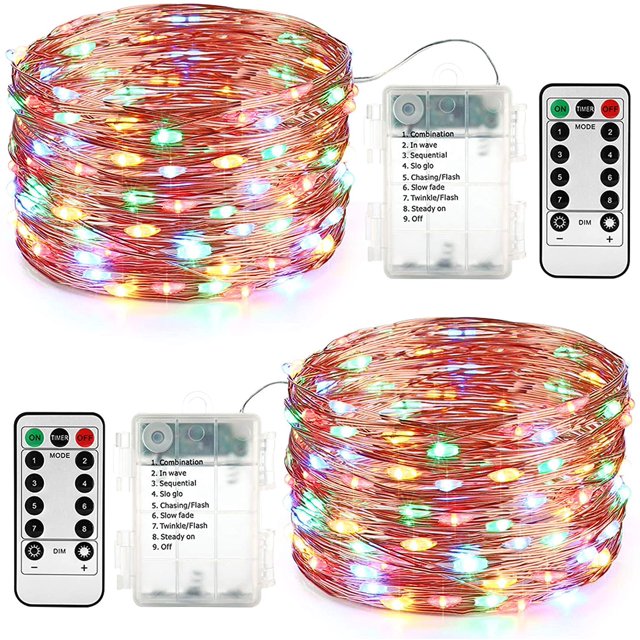 LAICAIW Lyhope 2 Pack Fairy Lights, Battery Operated Waterproof 8 Modes with Remote Control 33ft 100 Led Copper Christmas String Lights for Outdoor,Indoor,Wedding,Party,Xmas Tree Decoration (Multi-C