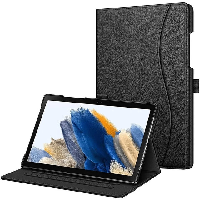 Smart Case for Samsung Galaxy Tab A9 8.7 Inch 2023 Tablet Cover in black PU leather with folding stand design. Features include shockproof protection, drop resistance, anti-dust properties, wake-on-open functionality, and business style. Compatible with Samsung Galaxy Tab A9 Plus 11-inch and Tab A9 8.7-inch models, ideal as a tablet sleeve for professional use.