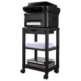 3-Tier Printer Stand with Drawer Mobile Printer Cart, a black HIPS office furniture piece with 4 swivel wheels and compact dimensions of 16.5 x 11.8 x 24.4 inches. Features three tiers for printers, scanners, and documents, a drawer for stationery storage, and a weight capacity of 20kg/44lbs per tier. Often used for organizing craft supplies.