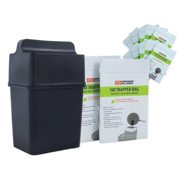 Fat Trapper System/Grease Storage Container with TWELVE Disposable Grease Bags for Bacon Grease and Kitchen Cooking Oil Disposal
