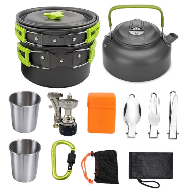 Tignapoo Portable Camping Cookware Set with Stove and Teapot - Lightweight Outdoor Cooking Gear for Hiking and Picnics, Available in Green, Black, and Orange