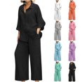 thumbnail image 1 of YUGYXL Tenues Décontractées 2 Pcs pour Femmes Grande Taille Ensembles en Coton et Lin Léger Mode Chemise à Boutons Col Rabattu Veste Confortable Pantalon Droit Cadeau pour la Famille Vert,TTTG, 1 of 5