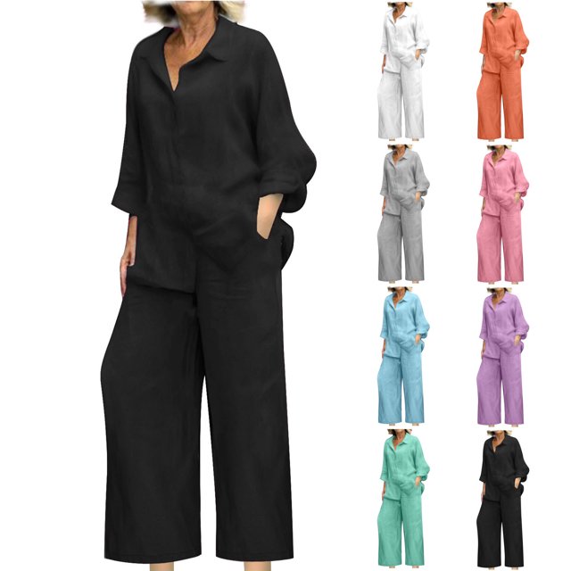 YUGYXL Tenues Décontractées 2 Pcs pour Femmes Grande Taille Ensembles en Coton et Lin Léger Mode Chemise à Boutons Col Rabattu Veste Confortable Pantalon Droit Cadeau pour la Famille Vert,TTTG