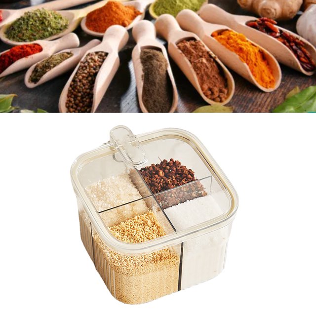 Condiments Récipient, Boîte à Épices Transparente 4 Grille Scellée avec 4 Cuillères pour le Sel pour la Cuisine à la Maison