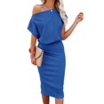 thumbnail image 1 of Aiyino Robe Midi Moulante Décontractée de Soirée à Manches Courtes Côtelées pour Femmes, Épaules Dénudées, 2TG Bleu Royal, 1 of 8