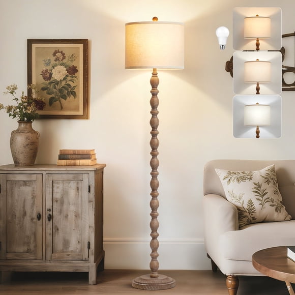 NATYSWAN Floor Lamps for Living Room - 62" Resin Farmhouse Floor Lamp with 3 Colour Temperatures - Vintage Tall Standing Lamp Reading Light with Linen Shade for Bedroom Office
