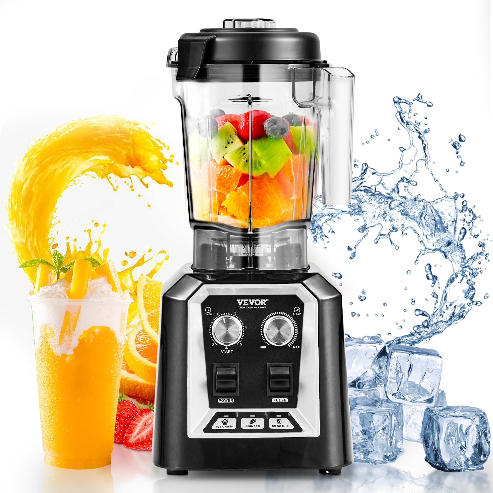 VEVOR Professional Blender, 68 oz Plastic Jar Blender Combo, PC(Polycarbonate Plastics) 3 Functions Blender, for Frozen Drinks, Shakes, Smoothies, Peree, and Crush Ice, Black