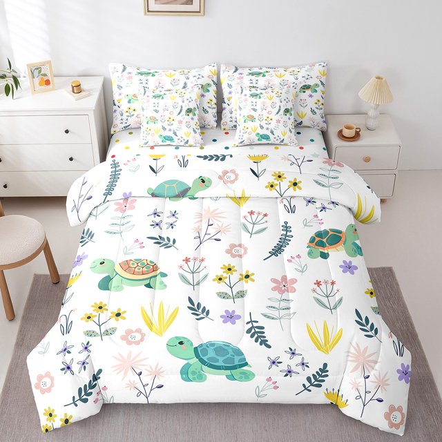 7 Piece Bed in a Bag Full Size Comforter Set for Kids Floral Turtle Bedding Set,Cartoon Animal Reversible Bed Set,Blossom Comforter with Sheet Set,All Season