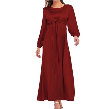 Cameland Robe Midi Longue à Manches Longues pour Femme, Portefeuille, Col Rond, à Nouer, Automne, Vintage, Maxi, Unie, Satin, Douce, Taille et Cheville