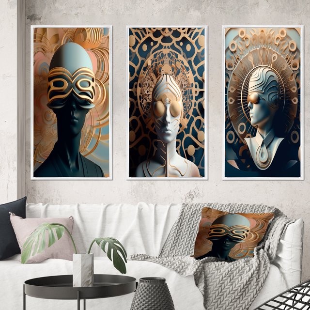 Designart "Futuristic Fashion Sci-Fi Woman Portrait II" Surrealism Framed Wall Art Set Of 3 - Blue Transitional Frame Canvas Set For Living Room Decor