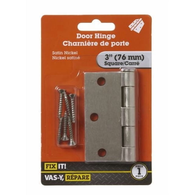 3" Satin Nickel Door Hinge 1 Piece by FIX IT! featuring a square satin nickel steel hinge with three screw holes and included screws, measuring 3 inches (76 mm), ideal for door hardware and home improvement repairs.