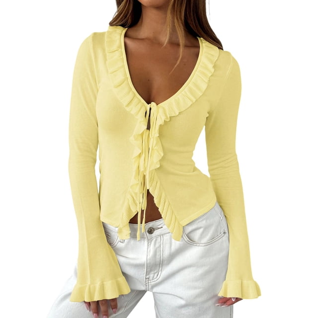 Women Ruffle Tie Front Cardigan Sweater Long Bell Sleeve Cropped Knit Sweater Top Yellow S