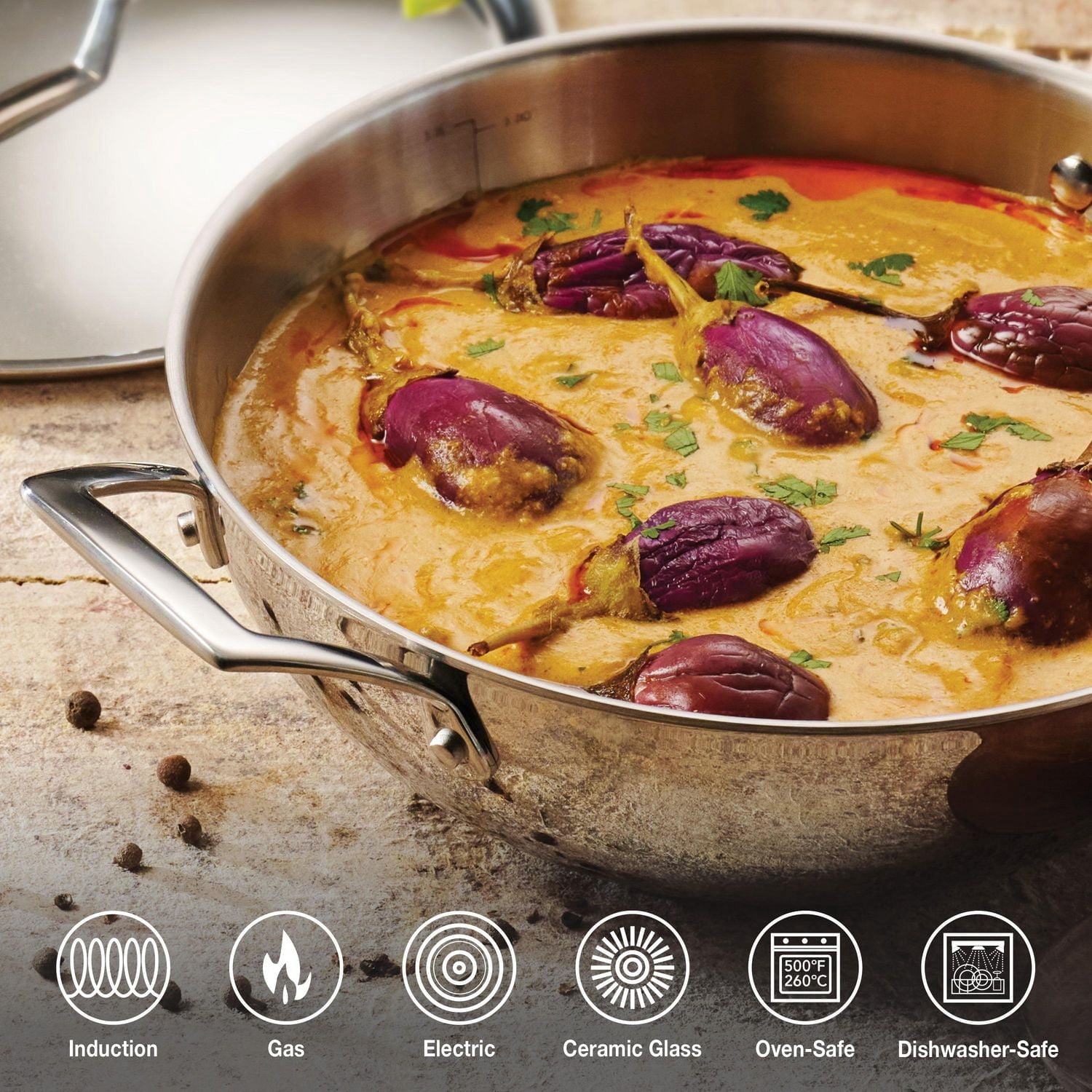 Tramontina Utsava Tri-Ply Clad Stainless Steel Covered Kadai