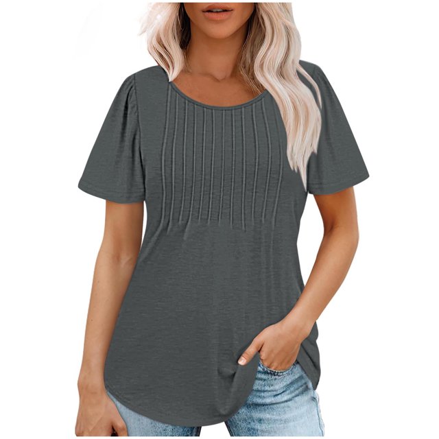 Meichang T-Shirts pour Femmes 2025 à Manches Courtes, Col Rond, Coupe Ample, Mode d'Été, T-Shirts à devant Plissé, T-Shirts Décontractés de Couleur Unie