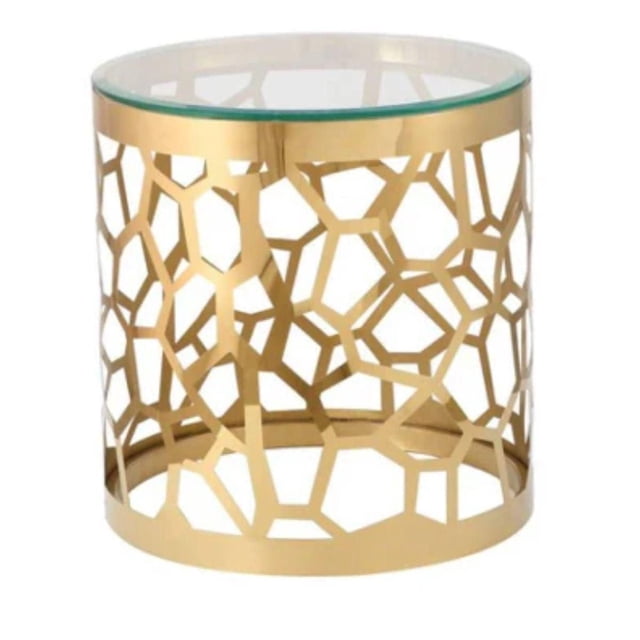 Maluma Table d'Appoint avec Dessus en Verre Trempé Rond et base en Métal Doré Poli Présentant un Motif Géométrique Ouvert, Mesurant 9,75 Pouces de Large et 20 Pouces de Haut, Convient comme Table d'Accent de Salon Ou Table de Bout.