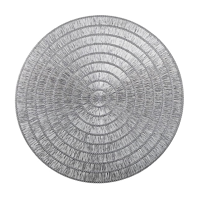 Round Pvc Lace Placemat Silver - Set of 12 showing a top-down view of a 15-inch round placemat with a silver lace pattern made from durable PVC, designed to protect dining tables and enhance table settings, also suitable as decorative chargers or craft bases.