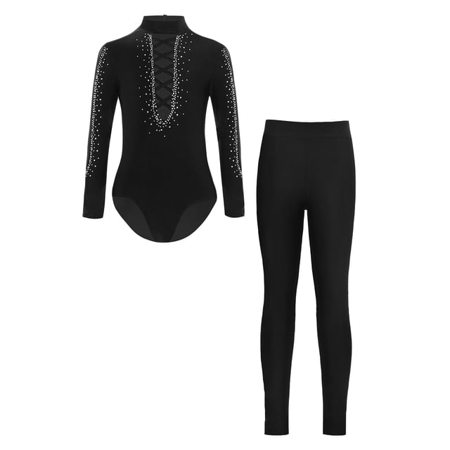 Manyakai Garçons Enfants Justaucorps de Gymnastique à Manches Longues avec Strass Haut avec Pantalon Combinaison Classique Tango Samba Rumba Tenue de Danse Noir 16