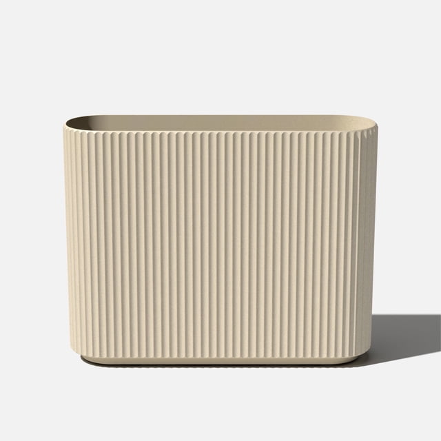 Veradek Demi Series Span 36" Plastic-Stone Planter in sand color, featuring a tall, wide body with softened, fluted edges. Made from a durable concrete-plastic composite, it includes a removable insert shelf for easy planting and pre-drilled drainage holes to prevent root rot. Designed for outdoor use, this modern planter is suitable for creating privacy or enhancing patio and garden spaces.