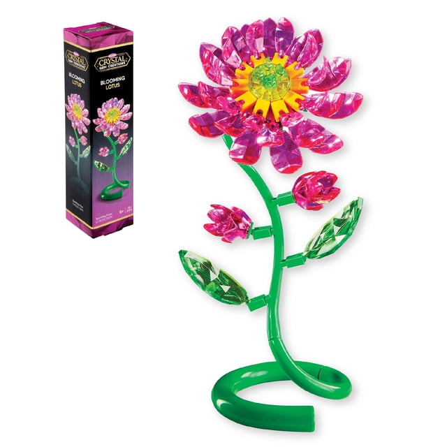 Crystal Gem Creations Blooming Lotus Flower Kit by RoseArt with 75+ pieces to build a 3D lotus flower featuring translucent pink crystal petals, yellow center, and green stem with leaves on a curled base, suitable for arts and crafts creativity.