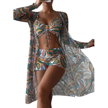 MAWCLOS Women Bathing Suit Ruched Swimsuit Three Pieces Swim Bikini Set Push Up Seaside Floral Print Swimming Suits Green XL