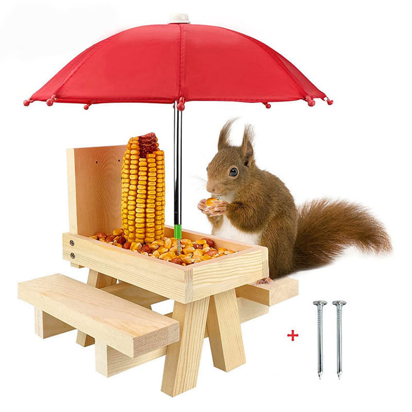 Squirrel Picnic Table, Squirrel Picnic Table Feeder Natural Wood Color Easy Installation Durable Wooden Waterproof Decorative  for Small Animals for Garden Natural Wood