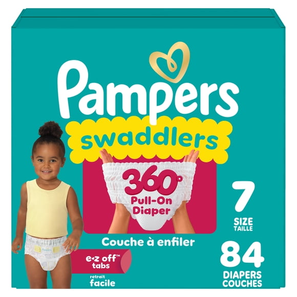 Pampers Couches - Swaddlers 360° - Taille 7, jusqu'à 100 % Anti-Fuites, Ajustement Confortable et Sec, Onglets EZ Off Conçus pour des Changements Faciles, Couche à Enfiler