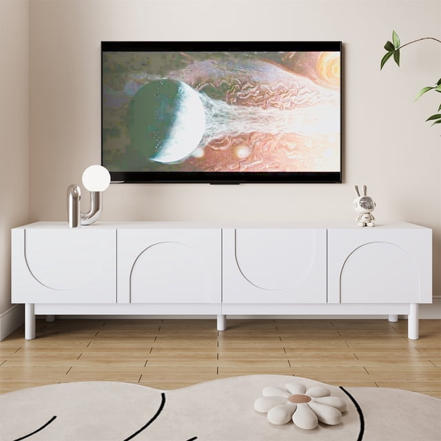 66.5" Modern Wave Door TV Stand, White Storage Cabinet with 4 Doors ...