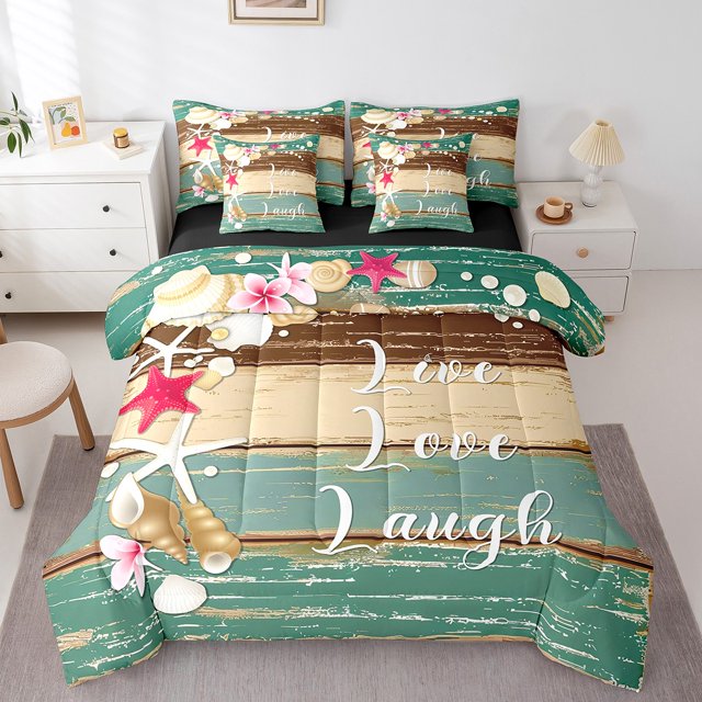 YST Coastal Lodge Cabin Starfish Seashell Comforter Set, 7 pièces, Vacances tropicales d'été, Queen